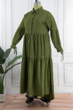 Armeegrün, lässig, solide Patchwork-Knöpfe, gefaltetes Umlegekragen-Hemdkleid, Kleider in Übergröße