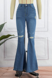 Средне-синие повседневные однотонные рваные джинсы с высокой талией, обычные джинсовые джинсы