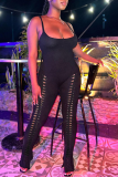 Black Sexy Solid Hollowed Out Square Collar Skinny Jumpsuits