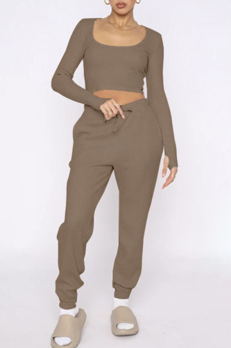 Khaki Casual Sportswear Solid Patchwork U Neck Long Sleeve Two Pieces