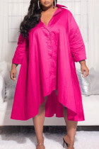 Vestido de camisa con cuello vuelto asimétrico con hebilla de retazos liso informal rojo rosa vestidos de talla grande