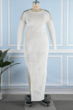 Weiß Sexy Casual Solid Patchwork Metall Accessoires Dekoration Backless Schlitz O-Ausschnitt Langarm Plus Size Kleider