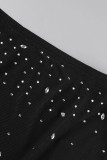 Negro Sexy Patchwork Perforación en caliente Plumas transparentes O Cuello Manga larga Dos piezas