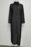 Black Gray Elegant Solid Buckle Solid Color Turndown Collar Long Sleeve Loose Denim Dresses