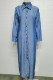 Blue Elegant Solid Buckle Solid Color Turndown Collar Long Sleeve Loose Denim Dresses