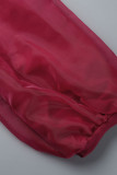 Vestidos de falda de un paso con cuello vuelto y abalorios de retales sólidos informales rojos