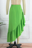 Green Casual Solid Patchwork Asymmetrical Regular High Waist Skirts