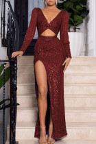 Bordeaux Sexy effen uitgeholde pailletten patchwork split v-hals avondjurk jurken