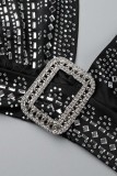 Negro sexy patchwork perforación en caliente transparente sin espalda cuello en V sin mangas dos piezas
