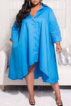 Vestido azul celeste casual patchwork sólido fivela assimétrica gola virada para baixo vestidos plus size