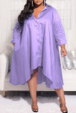 Фиолетовое повседневное однотонное платье в стиле пэчворк с пряжкой, асимметричное платье-рубашка с отложным воротником, платья больших размеров
