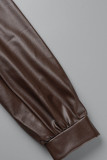 Vestidos de manga comprida marrom escuro casual patchwork sólido com gola virada para baixo