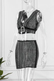 Black Sexy Patchwork Hot Drilling See-through Backless V Neck Sleeveless Two Pieces