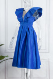 Blaues sexy formales solides Patchwork durchsichtiges Abendkleid mit V-Ausschnitt