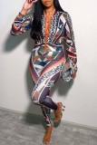Black Casual Print Patchwork Zipper Collar Long Sleeve Two Pieces