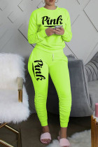 Fluorescent Green Casual Letter Print Basic O Neck Long Sleeve Two Pieces