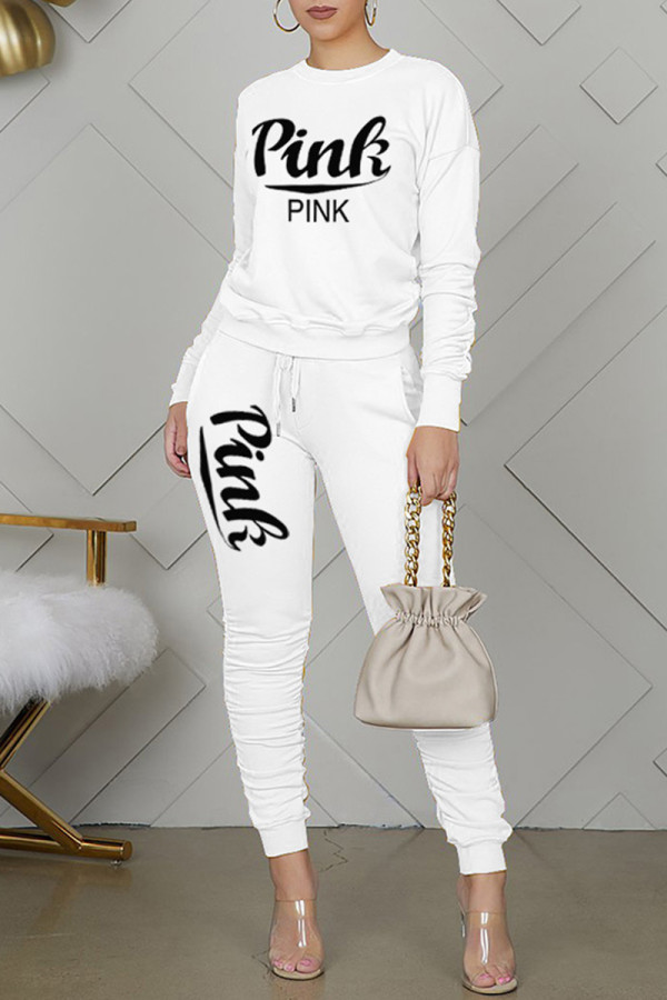 White Casual Letter Print Basic O Neck Long Sleeve Two Pieces