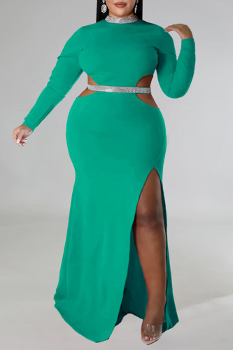 Green Sexy Formal Solid Hollowed Out Patchwork Slit Half A Turtleneck Long Sleeve Plus Size Dresses