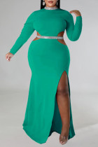 Grön Sexig formell solid, urholkad lapptäcke slits Half a turtleneck långärmade klänningar i plusstorlek