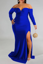 Blauwe sexy formele effen rugloze spleet uit de schouder avondjurk plus size jurken