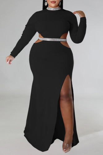 Black Sexy Formal Solid Hollowed Out Patchwork Slit Half A Turtleneck Long Sleeve Plus Size Dresses