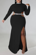 Zwarte sexy formele effen uitgeholde patchwork spleet halve coltrui lange mouw plus size jurken