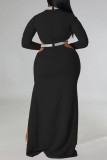 Blue Sexy Formal Solid Hollowed Out Patchwork Slit Half A Turtleneck Long Sleeve Plus Size Dresses