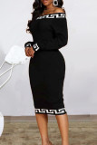 Zwarte casual print patchwork off-shoulder eenstaps rok plus size jurken