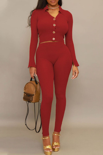 Burgundy Casual Solid Patchwork Buckle V Neck Long Sleeve Two Pieces