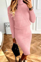 Pink Casual Solid Basic Turtleneck Long Sleeve Two Pieces