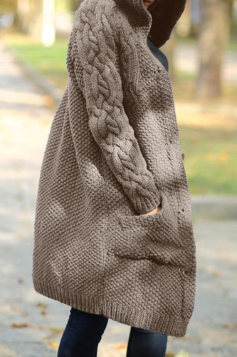 Khaki Casual Hooded Collar Long Sleeve Longline Cardigan Knitted Sweater Jackets