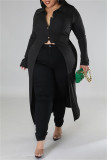 Abrigo negro casual de rebeca de patchwork sólido con cuello vuelto y abrigo de talla grande