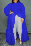 Vestidos de talla grande con cuello vuelto y hebilla de retazos sólidos casuales de moda azul