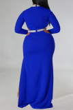Blue Sexy Formal Solid Hollowed Out Patchwork Slit Half A Turtleneck Long Sleeve Plus Size Dresses