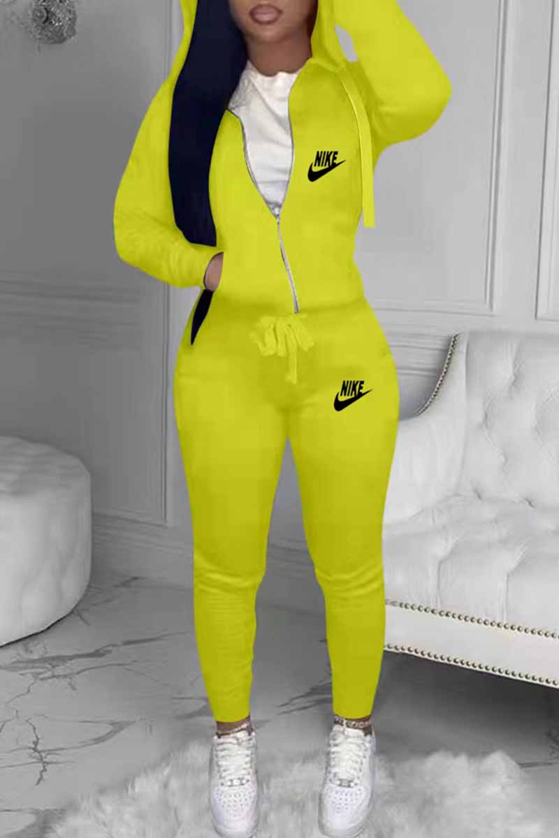 

Yellow Casual Print Letter Hooded Collar Long Sleeve Two Pieces