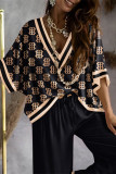 Black Casual Print Patchwork V Neck Three Quarter Two Pieces Blouse Tops And Wide Leg Pants Sets