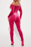 Rosa sexiga solida lapptäcksfjädrar Skinny Jumpsuits från axeln