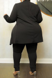 Pantalones cárdigan sólidos casuales negros con cuello vuelto de talla grande de dos piezas