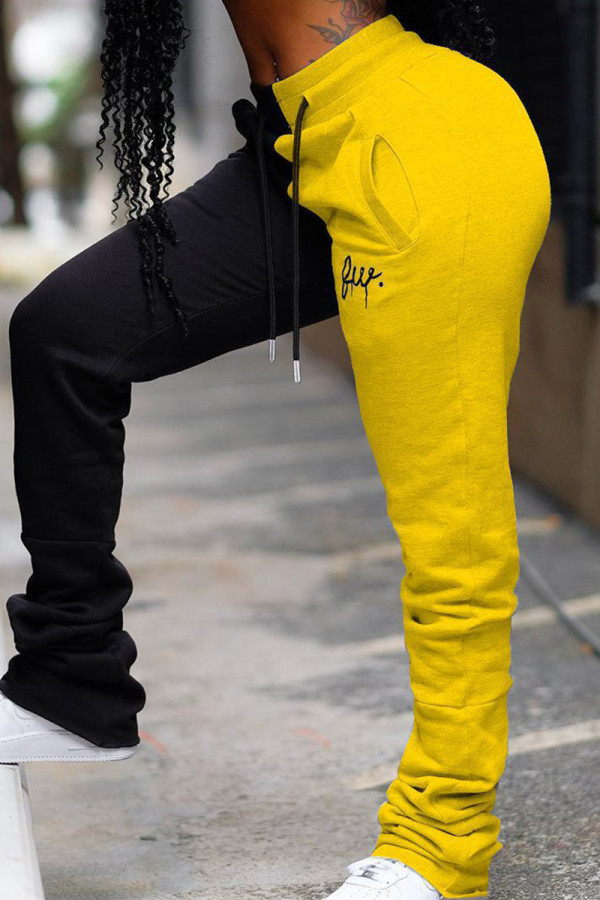 Schwarz Gelb Lässige Patchwork Kontrast Regular Hose mit hoher Taille
