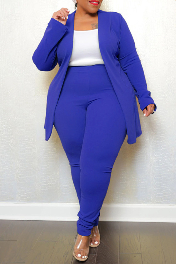 Calça Cardigan Azul Casual Sólido Gola Virada Plus Size Duas Peças
