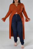 Orangefarbener, lässiger, fester Patchwork-Cardigan mit Turndown-Kragen und Mantel in Übergröße
