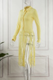 Yellow Casual Solid Tassel Patchwork Buckle Turndown Collar Tops