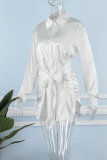 Robes de robe de chemise à col rabattu décontractées en patchwork de bandage solide blanc