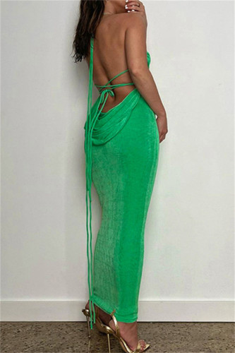 Vestido largo de tirantes finos sin espalda con vendaje sólido sexy verde Vestidos