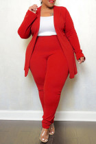 Rote, lässige, einfarbige Strickjacke mit Umlegekragen, plus Größe, zweiteilig