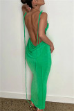 Vestidos longos verdes sexy atadura sem costas com alça de espaguete