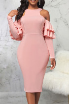 Vestidos de saia de um passo rosa elegante de patchwork sólido decote oco