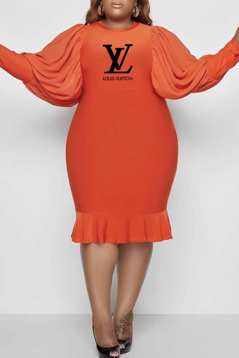 

Orange Elegant Print Letter O Neck One Step Skirt Plus Size Dresses