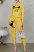 Yellow Casual Letter Print Basic O Neck Long Sleeve Two Pieces