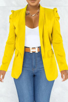 Желтый Повседневная однотонная верхняя одежда в стиле пэчворк с отложным воротником